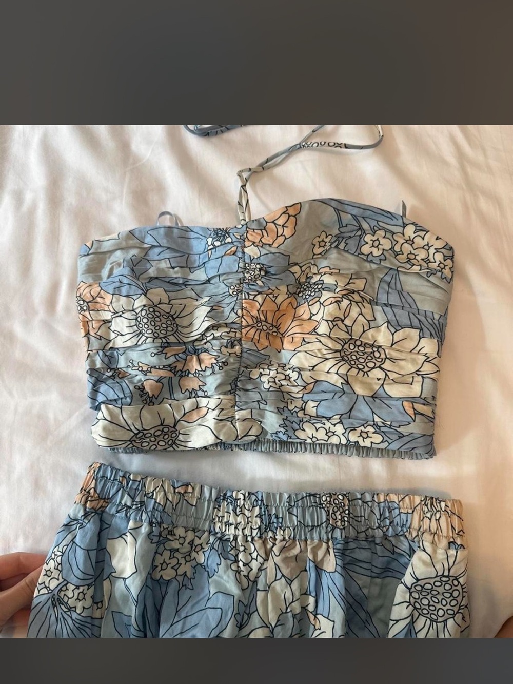 J.Crew Textured Satin Floral Blue Halter Bandeau Top Maxi Skirt Set Sz X-Small - Picture 6 of 6